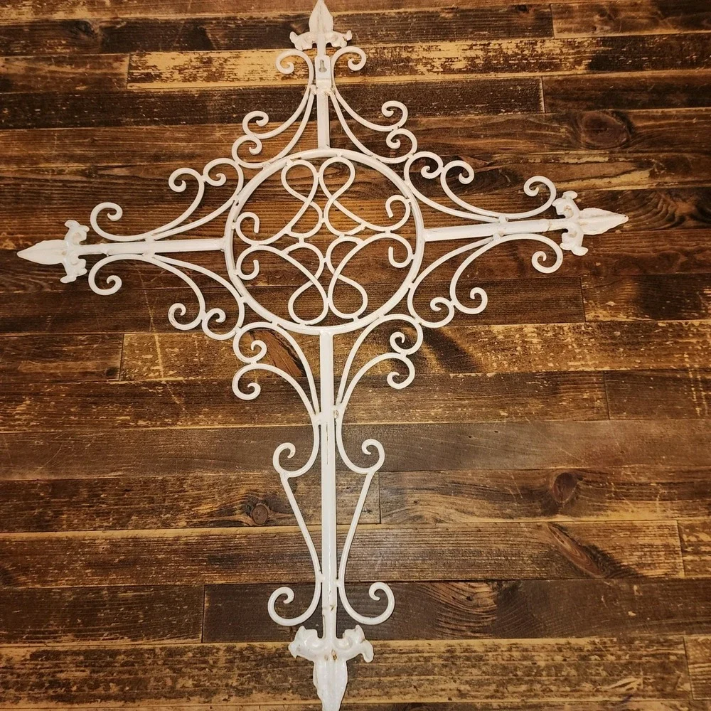 Decorative Large Wall Cross Metal Hanging Decor Off White Cream Color 26